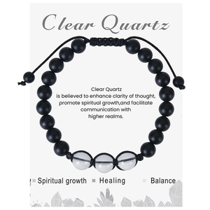 Detail of healing beaded bracelet with black frosted stones and clear quartz on card