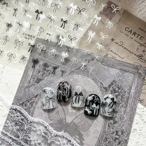 Hand-painted black and white bow nail stickers with vintage French style design