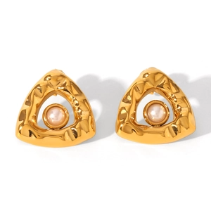 Golden geometric triangle stud earrings with pearl inlay and textured metal finish