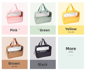 Transparent waterproof cosmetic bags in pink, green, yellow, brown, and black colors