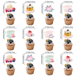 Floral tea party cupcake toppers set with dimensions of various flower and teapot designs
