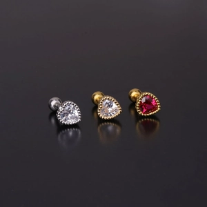 16G stainless steel heart stud earrings with cubic zirconia in silver and gold