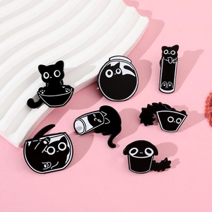 Set of 7 cartoon black liquid cat enamel pins showing various poses in different vessels