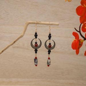 New Chinese style crescent tassel earrings with wood and marble texture drops