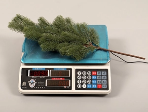 Macro view of artificial pine branch foliage weight being measured on a digital scale