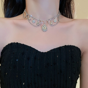 Elegant silver teardrop rhinestone choker necklace with multi-layer tassel fringe detail