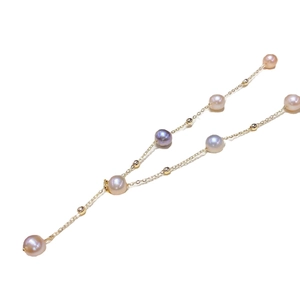 Elegant 14K gold filled long freshwater pearl necklace with adjustable pink and white pearls