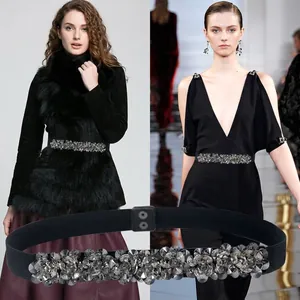 Elastic waist belt for women with grey crystal flower rhinestones for dresses