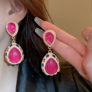 Vintage water drop earrings with pink resin and blue crystal accents in gold setting