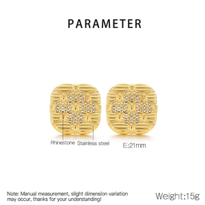 Detailed parameter view of 18K gold plated stainless steel square earrings with rhinestones