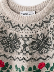 Close-up of beige knit sweater with floral embroidery and geometric patterns on neckline