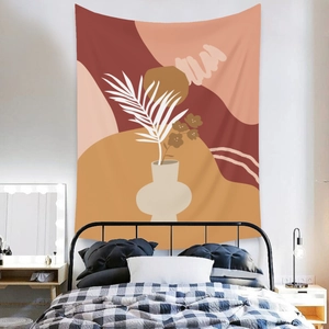 Detail of bohemian tapestry featuring terracotta abstract vases and tropical leaves decor