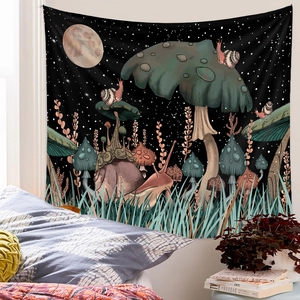 Detail of mushroom and snail tapestry wall hanging for bedroom aesthetic decor