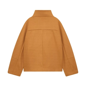 Back view of a casual loose fit wool coat in ginger yellow featuring a stand collar