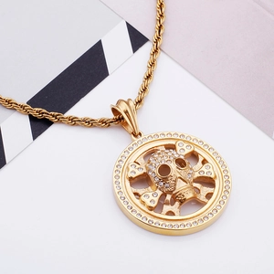 Hip hop style gold skull pendant necklace with sparkling crystals and twisted chain