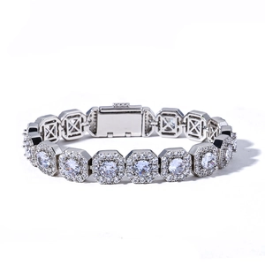Men's hip hop 10mm silver bracelet with square links and sparkling zircon stones