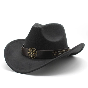 Western Cowboy Hat Felt Retro Wide Brim With Leather Belt Metal Flower Buckle And Rivets Ethnic Style For Women Men