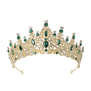 Elegant gold princess crown with green emerald crystals for girls birthday party and performance