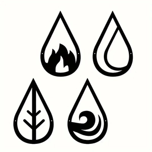 Detail view of four-piece black metal wall decor featuring nature elements in teardrop shapes
