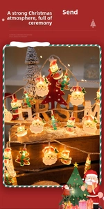 Detail view of warm LED Christmas string lights with Santa and snowman shapes