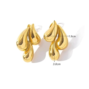 Gold triple teardrop stud earrings in minimalist sculptural stainless steel design