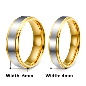 Two-tone stainless steel stepped wedding rings in 6mm and 4mm width on white background