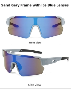 Detailed front and side views of matte grey cycling sunglasses with blue mirror lenses
