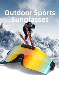 Close-up of polarized sports sunglasses with colorful mirror lens for skiing and cycling