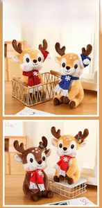 Detailed view of plush Christmas reindeer toys with embroidered scarves and festive hats