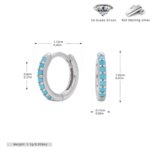 Detailed technical diagram of 925 sterling silver hoop earrings with blue zircon inlays