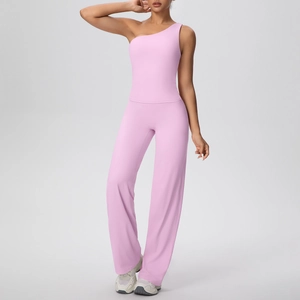Ensemble haut de yoga asymétrique rose et pantalon large de fitness taille haute