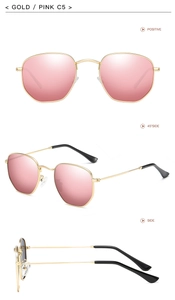 Close-up of irregular gold metal frame sunglasses with pink gradient lenses C5