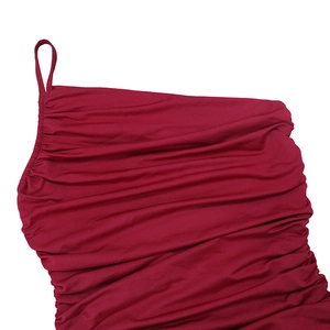 Detail of ruched texture and slim single shoulder strap on burgundy dress fabric