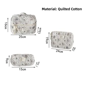Three-piece set of quilted cotton bear makeup bags showing varied size dimensions