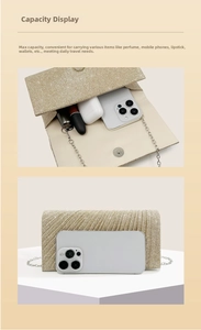 Detailed internal capacity showing sparkly evening bag holding phone and cosmetics