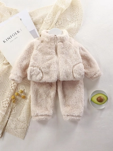 Kids warm fleece two-piece set featuring a zipper jacket and pants in soft cream white