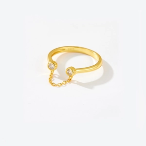 Minimalist S925 sterling silver open adjustable ring with gold plating and zircon chain