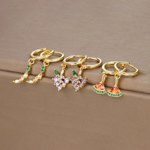 S925 gold fruit drop earrings with colorful zircon in grape and banana shapes