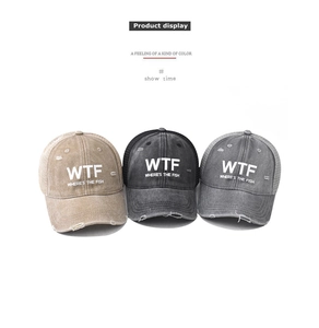 Three distressed trucker hats with WTF WHERE'S THE FISH print and mesh back panels