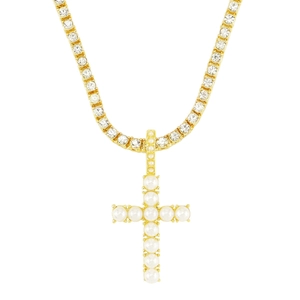 Gold tennis chain necklace with a pearl cross pendant and sparkling crystals