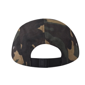 Rear view of camouflage 5-panel cap featuring adjustable black plastic buckle strap