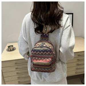 Ethnic style crossbody chest bag with colorful geometric patterns shown on a model's back