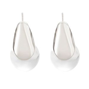 Detailed view of silver teardrop earrings with clear resin spheres on a white background