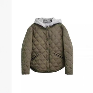 Army green hooded quilted jacket for women with grey hood and classic diamond pattern