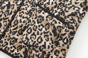 Detail of leopard print quilted jacket showing black buttons and hemmed pocket design