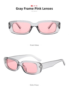 Front and side views of vintage narrow rectangular sunglasses with grey frames and pink lenses