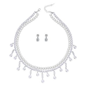 Sparkling double-layer teardrop zircon and pearl necklace jewelry set with earrings