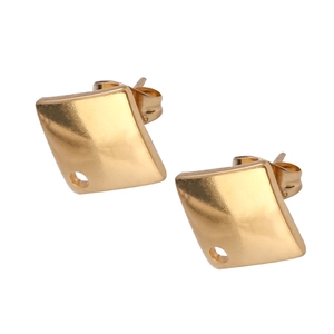 Macro detail of gold irregular rhombic earring studs with holes for DIY jewelry