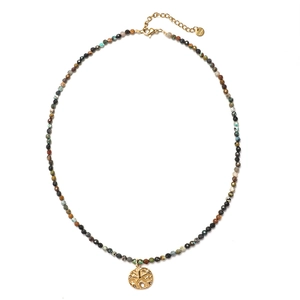 Detail of colorful bead necklace with sun moon copper pendant and secure lobster clasp