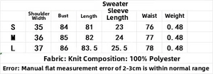 Size chart for knit dress with measurements of shoulder, bust, length, and fabric details